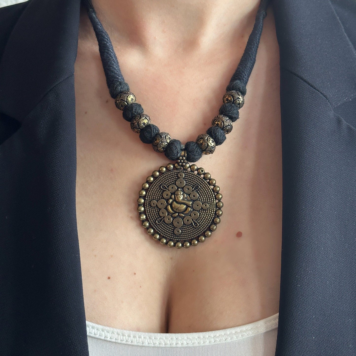 Medallion Dark Academia Necklace | Gift for Women Ethnic Jewelry | Black Gold Nepali Necklace | Ethnic Design Necklace | Tibetan Jewelry