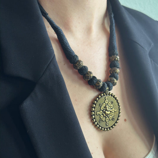Medallion Dark Academia Necklace | Gift for Women Ethnic Jewelry | Black Gold Nepali Necklace | Ethnic Design Necklace | Tibetan Jewelry