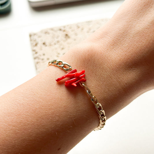 Red Coral Stone Link Bracelet , Red Coral Gemstone Bracelet