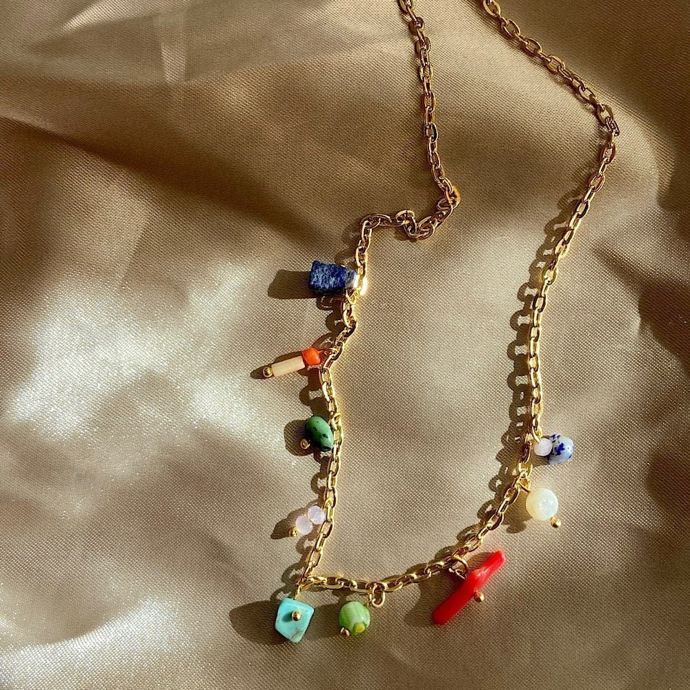 Minimal Natural Stone Charm Necklace Gifts for Her, Colorful Statement Necklace, Colorful Charm Necklace, Summer Necklace, Gold chain