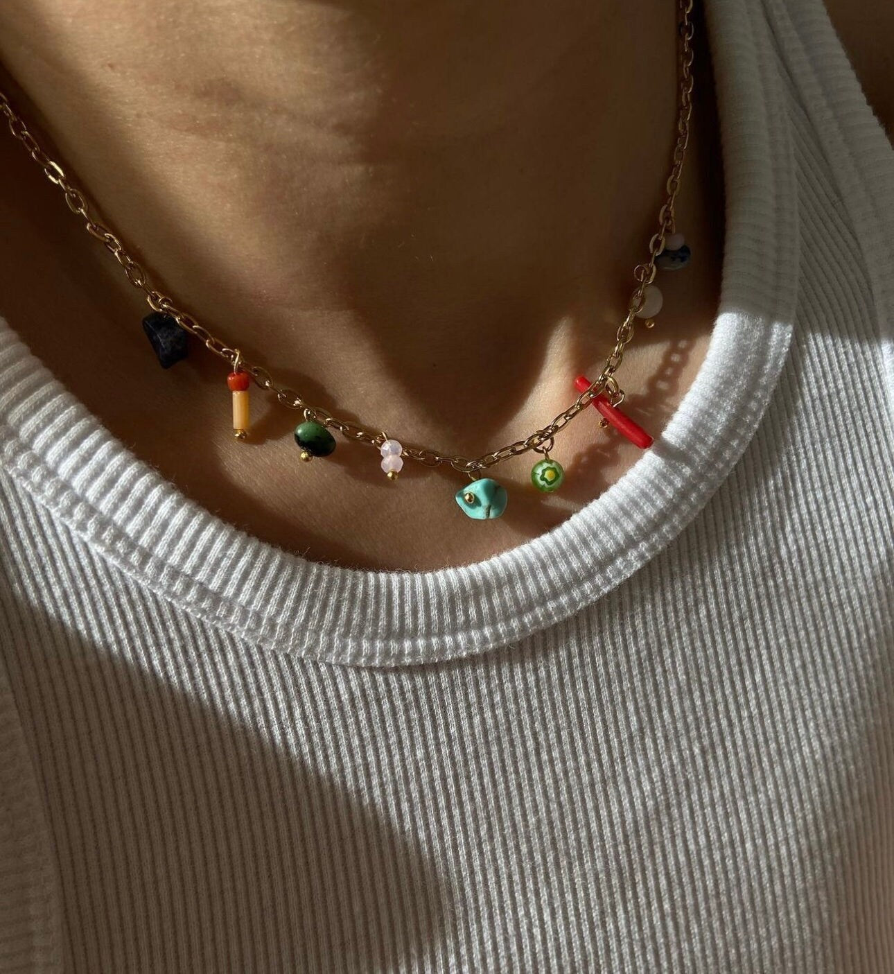 Minimal Natural Stone Charm Necklace Gifts for Her, Colorful Statement Necklace, Colorful Charm Necklace, Summer Necklace, Gold chain