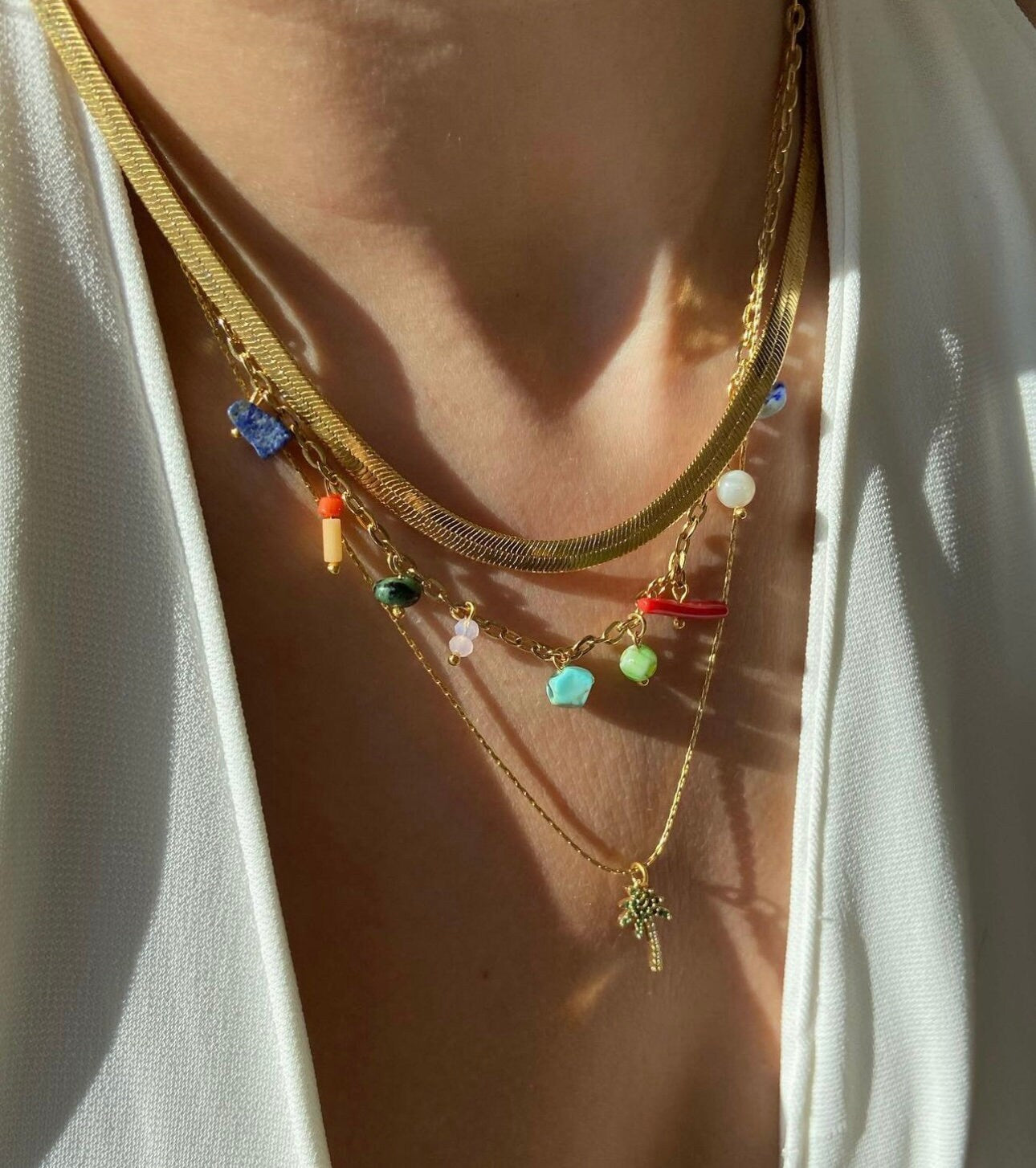 Minimal Natural Stone Charm Necklace Gifts for Her, Colorful Statement Necklace, Colorful Charm Necklace, Summer Necklace, Gold chain