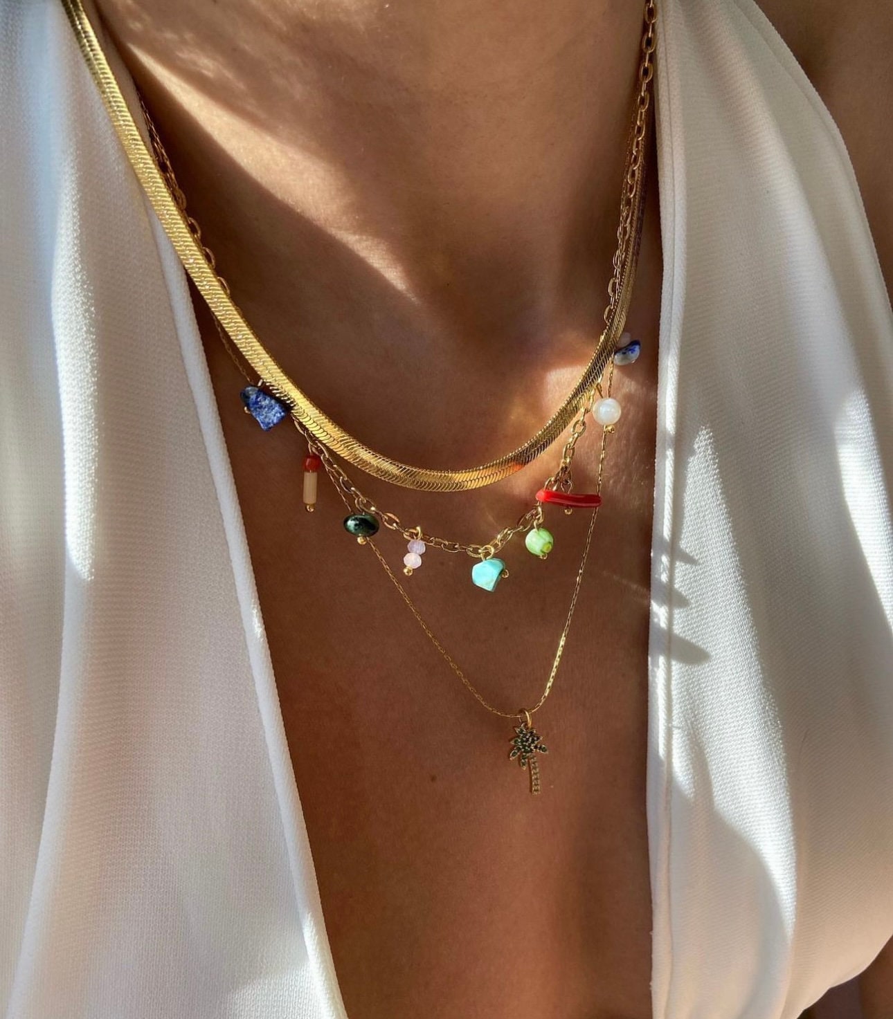 Minimal Natural Stone Charm Necklace Gifts for Her, Colorful Statement Necklace, Colorful Charm Necklace, Summer Necklace, Gold chain