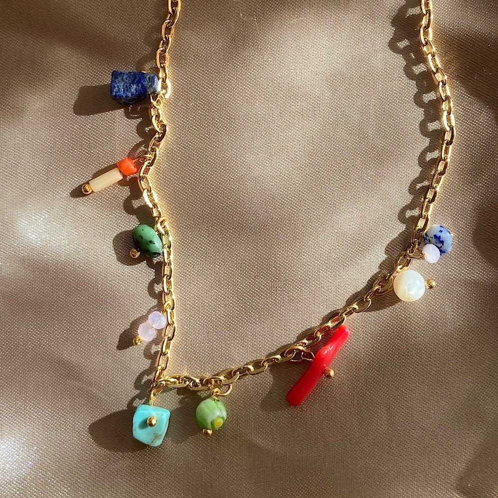 Minimal Natural Stone Charm Necklace Gifts for Her, Colorful Statement Necklace, Colorful Charm Necklace, Summer Necklace, Gold chain