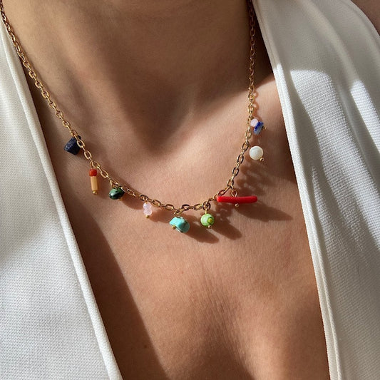 Minimal Natural Stone Charm Necklace Gifts for Her, Colorful Statement Necklace, Colorful Charm Necklace, Summer Necklace, Gold chain