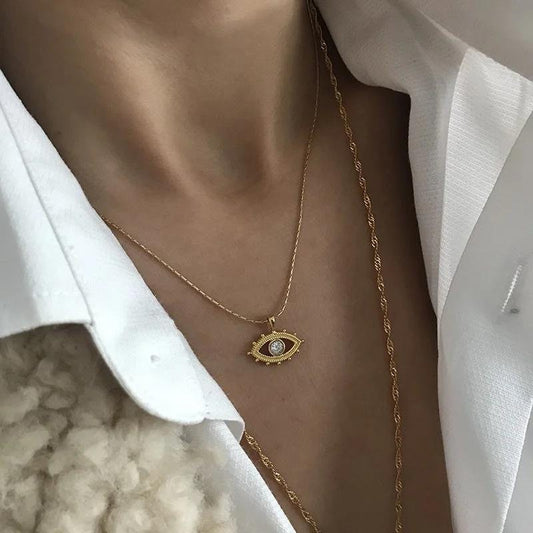 Evil Eye Charm Necklace | Minimalist Gold Plated Filigree Gift for Her | Zircon Stone Dainty Jewelry