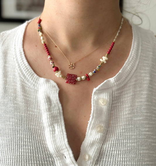 Red Flower Minimalist Necklace | Nepali Necklace | Ethnic Design Boho Necklace | Tibetan Jewelry | Gift for Women Ethnic Jewelry