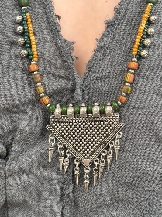 Long Colorful Beaded Necklace with Triangle Silver Pendant | Nepali Necklace | Boho Necklace | Tibetan Jewelry|Gift for Women Ethnic Jewelry