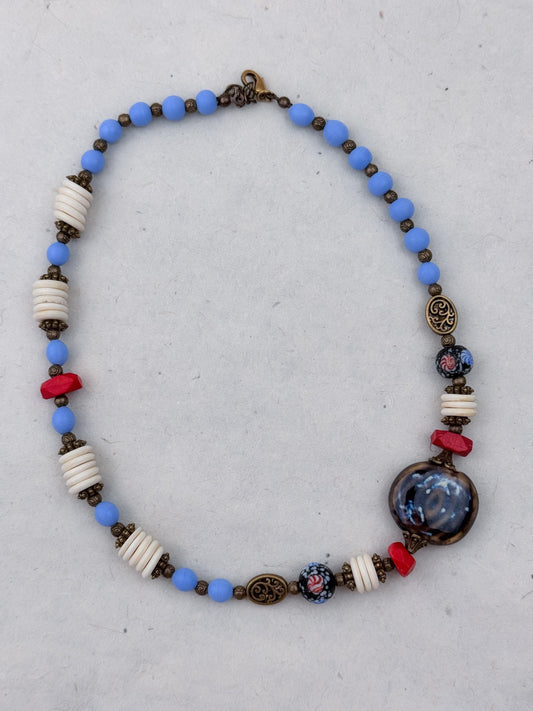 Evil Eye Stone Pendant with Blue Pearl Beads Ethnic Design Necklace | Tibetan Jewelry | Nepali Necklace | Gift for Women Ethnic Jewelry