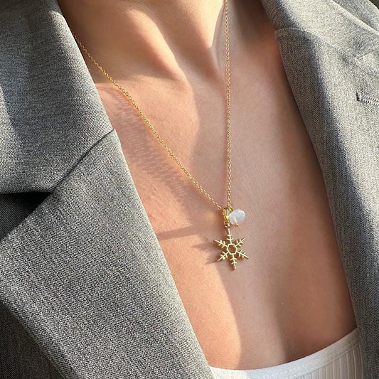 Snowflake Opal Stone Necklace Gifts for Her | Opal Stone Dainty Jewelry | Tiny Gold Snowflake Charm Necklace