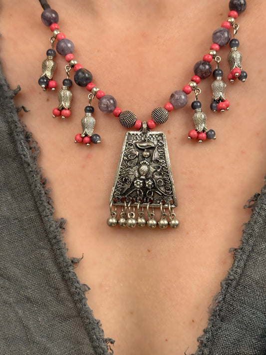 Tulip Floral with Vintage Pendant Necklace | Ethnic Design Boho Necklace | Tibetan Jewelry | Nepali Necklace | Gift for Women Ethnic Jewelry
