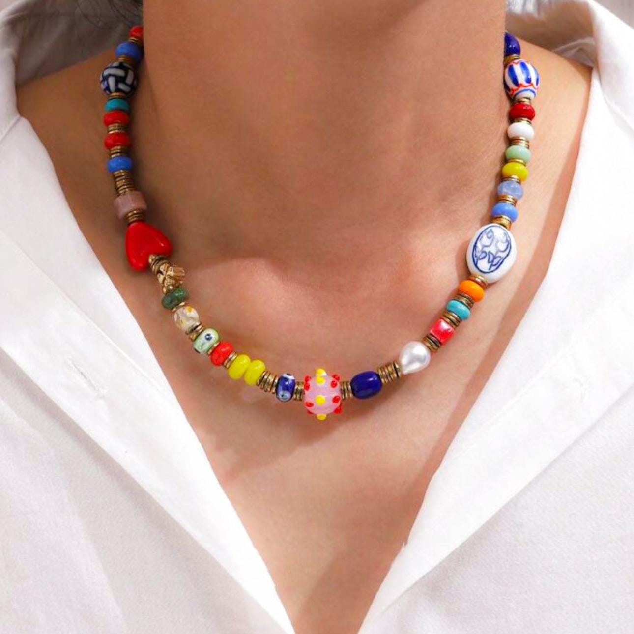 Colorful Glass Beads Necklace | Daily Accessories for Men and Women | Hand Drawing Beaded Necklace | Gift for Women Jewelry