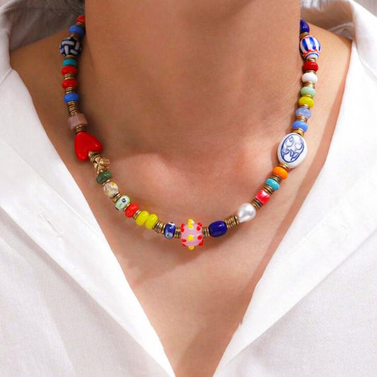 Colorful Glass Beads Necklace | Daily Accessories for Men and Women | Hand Drawing Beaded Necklace | Gift for Women Jewelry