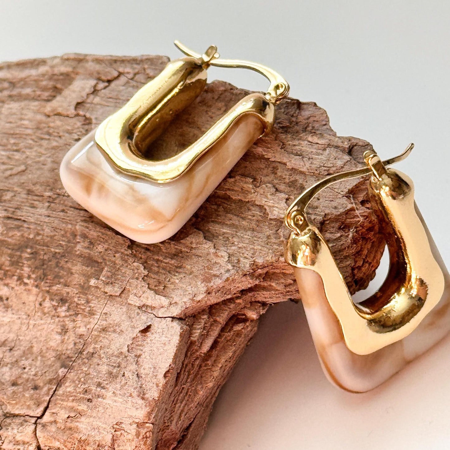 White Parti-Colored Retro Hoop Earrings | Coffee Brown Simple Hoop Earrings | Square Hoop Earrings | Dainty Earrings | Boho Vintage Earrings