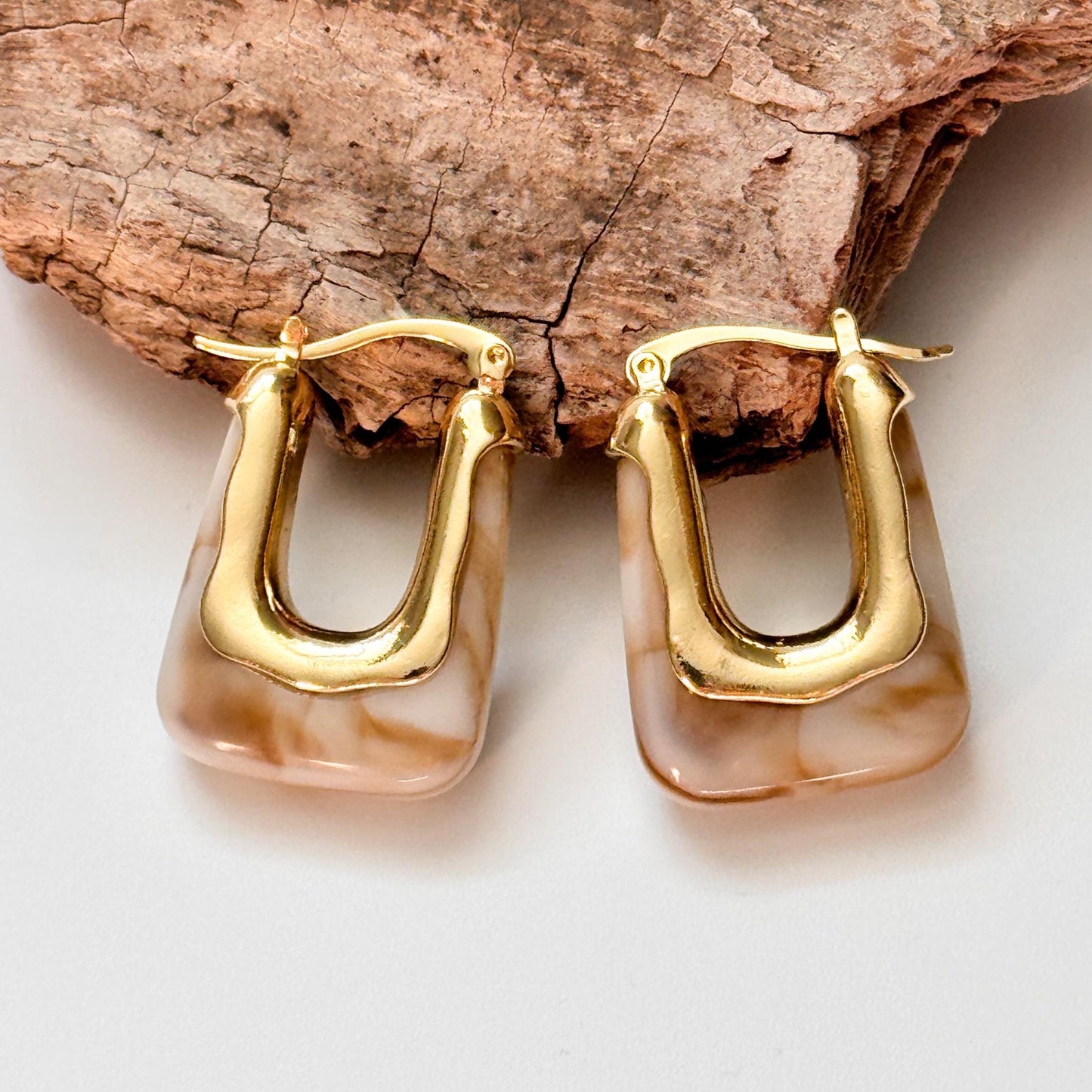 White Parti-Colored Retro Hoop Earrings | Coffee Brown Simple Hoop Earrings | Square Hoop Earrings | Dainty Earrings | Boho Vintage Earrings