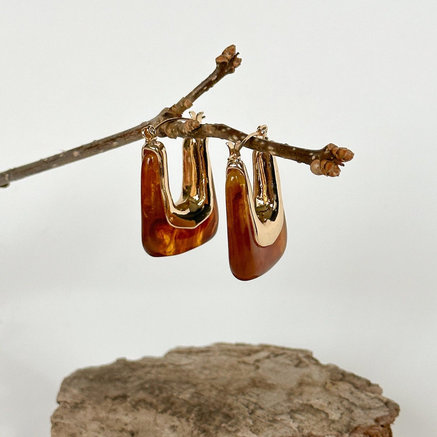 White Parti-Colored Retro Hoop Earrings | Coffee Brown Simple Hoop Earrings | Square Hoop Earrings | Dainty Earrings | Boho Vintage Earrings