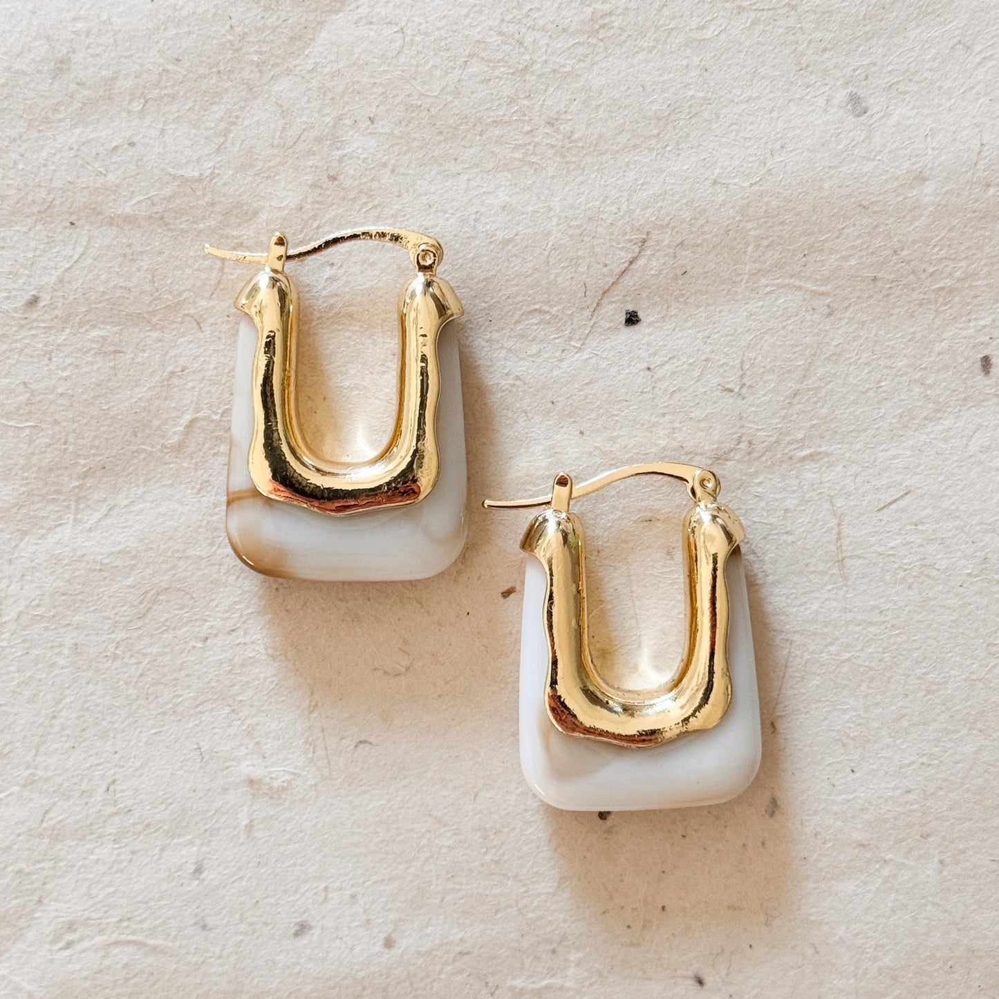 White Parti-Colored Retro Hoop Earrings | Coffee Brown Simple Hoop Earrings | Square Hoop Earrings | Dainty Earrings | Boho Vintage Earrings