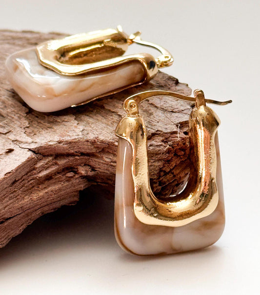 White Parti-Colored Retro Hoop Earrings | Coffee Brown Simple Hoop Earrings | Square Hoop Earrings | Dainty Earrings | Boho Vintage Earrings