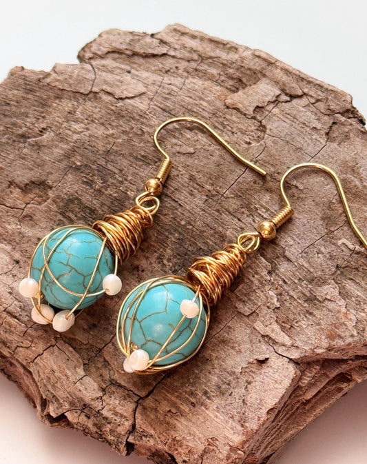 Turquoise Bead Drop Earrings | Turquoise Simple Drop Earrings | Daily Wear Earrings | Dainty Earrings | Boho Vintage Earrings
