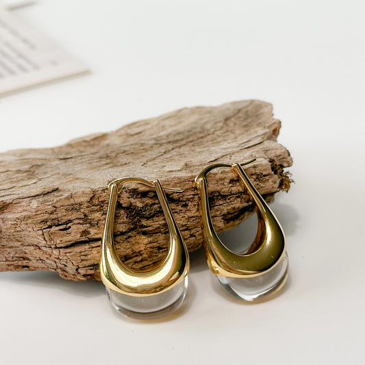 Transparent Retro Hoop Earrings | Yellow Gold Simple Hoop Earrings | U-Shape Hoop Earrings | Dainty Earrings | Boho Vintage Earrings
