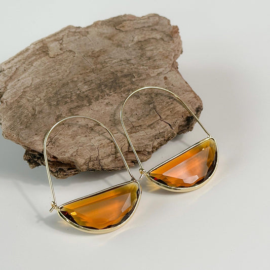Coffee Brown Glass Retro Hoop Earrings | Elegant Hoop Earrings | Geometric Hoop Earrings | Dainty Earrings | Boho Vintage Earrings